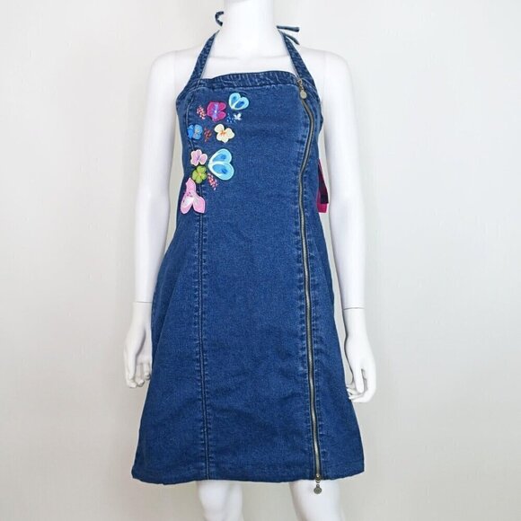 Thalia Sodi Y2K Vintage Halter Sleeveless Denim Jean Mini Dress Floral Womens 16 - Picture 1 of 8